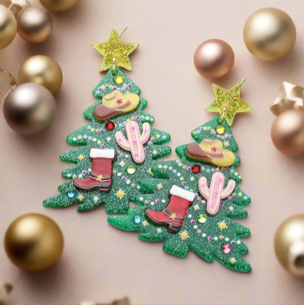 Glittered Resin Western Cowboy Christmas Tree Dangle Earrings
